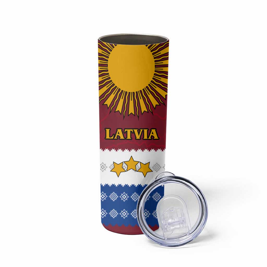 Latvia Skinny Tumbler with Three Stars Design and Traditional Pattern Details