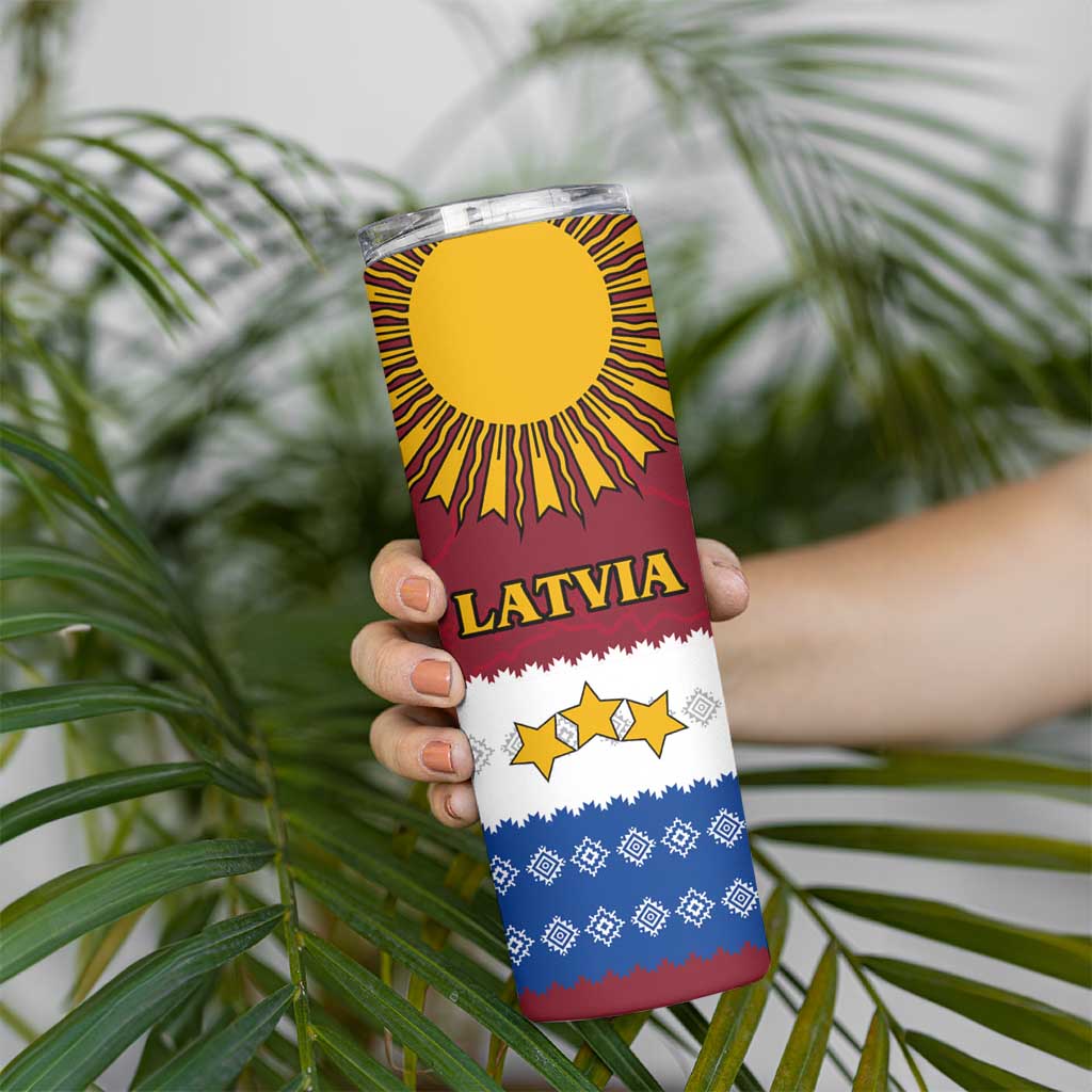 Latvia Skinny Tumbler with Three Stars Design and Traditional Pattern Details