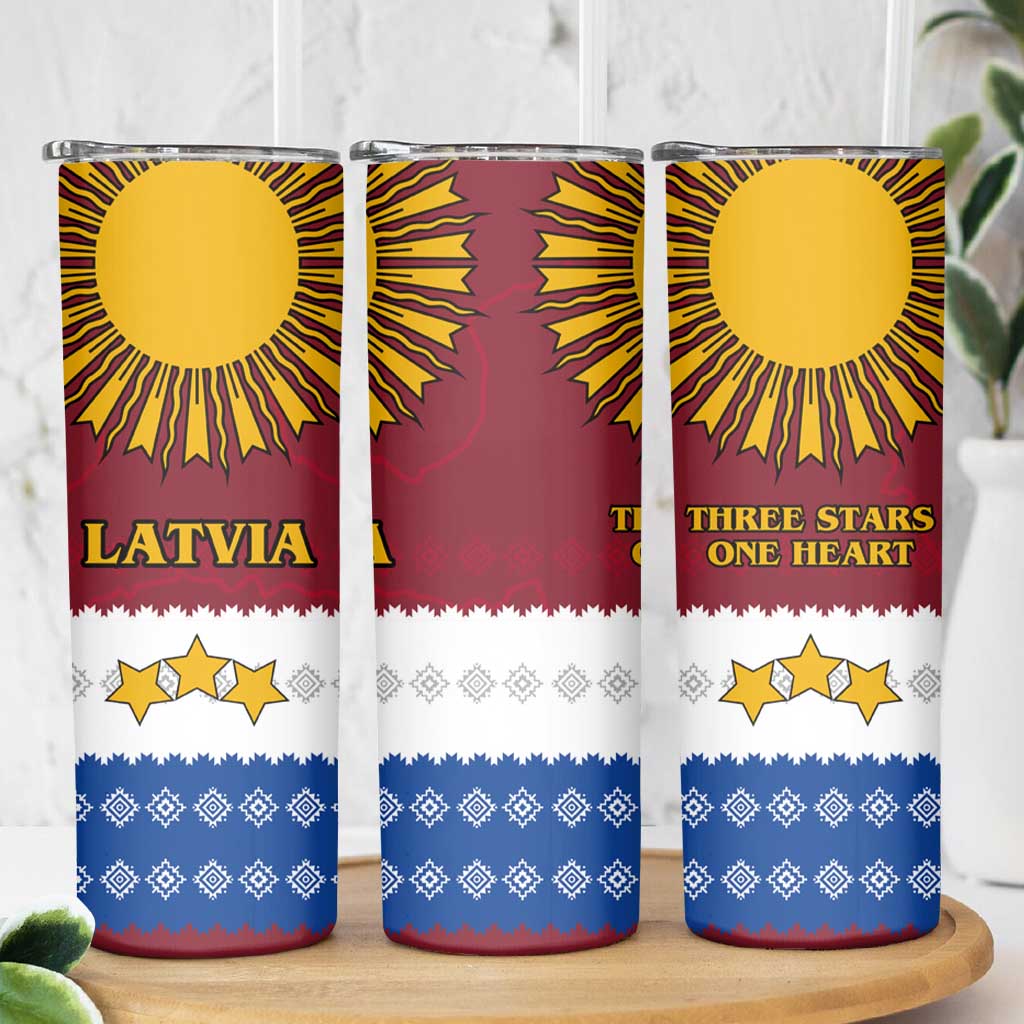 Latvia Skinny Tumbler with Three Stars Design and Traditional Pattern Details