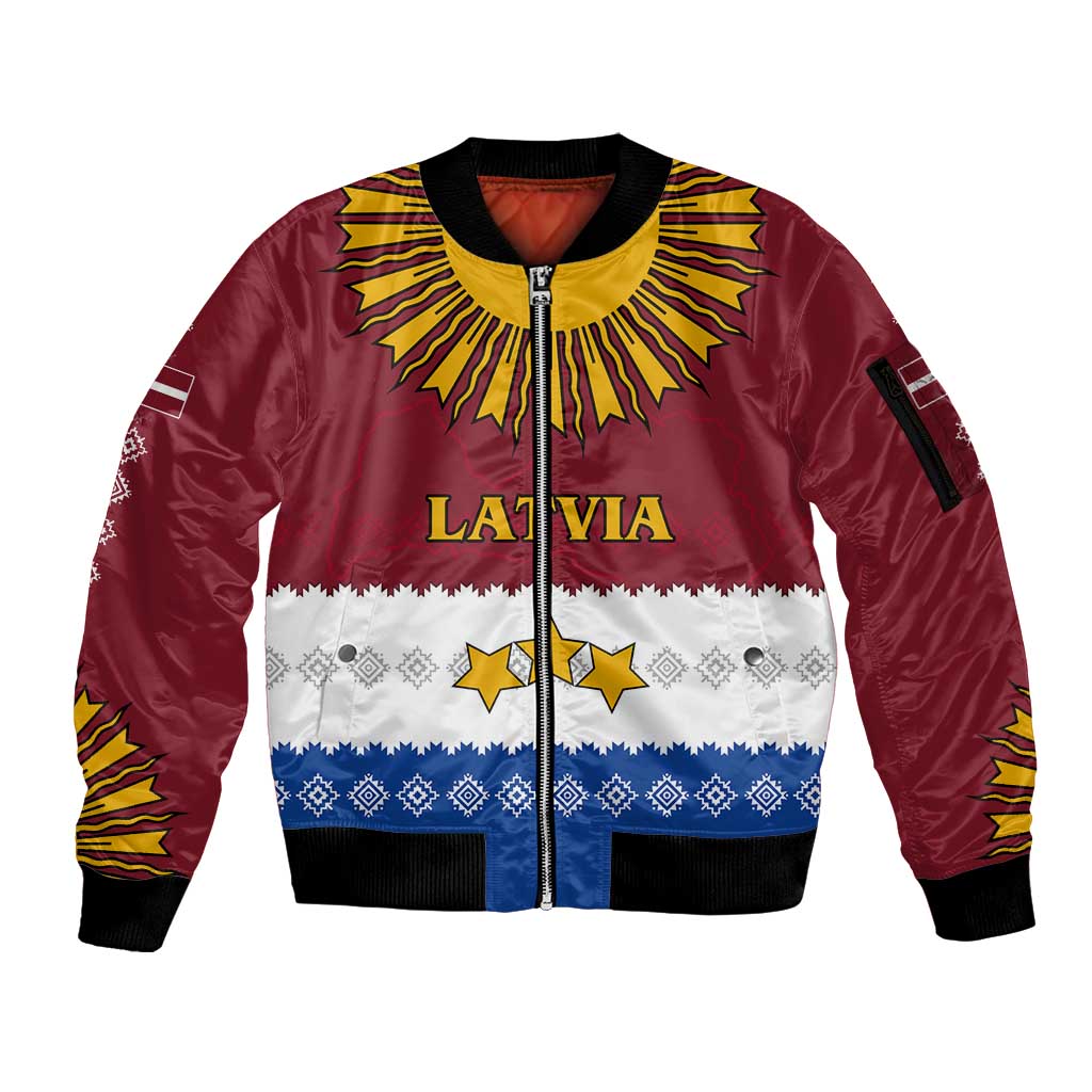 Latvia Sleeve Zip Bomber Jacket with Three Stars Design and Traditional Pattern Details