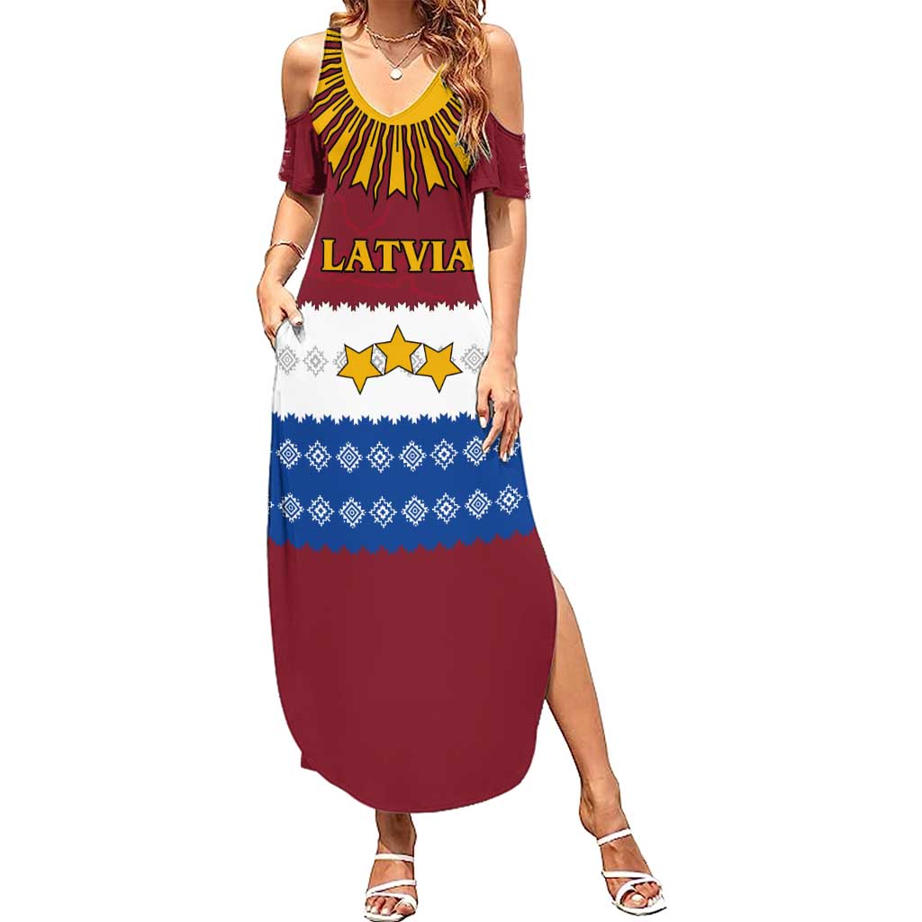 Latvia Summer Maxi Dress with Three Stars Design and Traditional Pattern Details