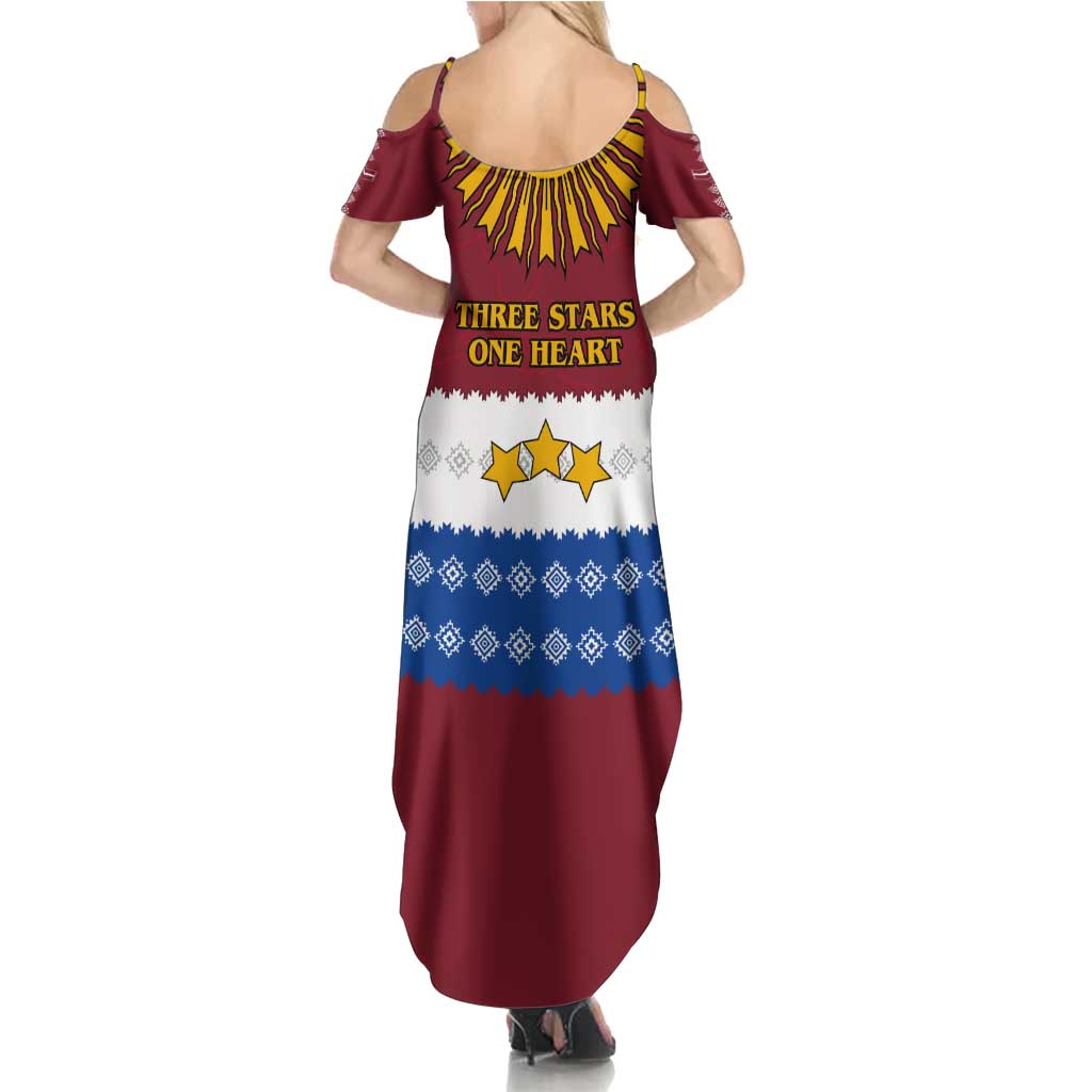 Latvia Summer Maxi Dress with Three Stars Design and Traditional Pattern Details
