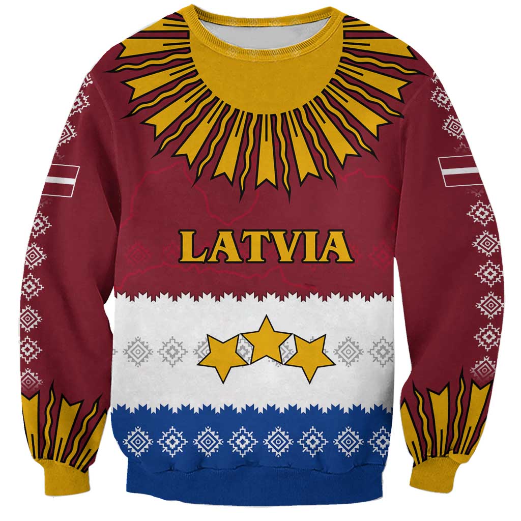 Latvia Sweatshirt with Three Stars Design and Traditional Pattern Details