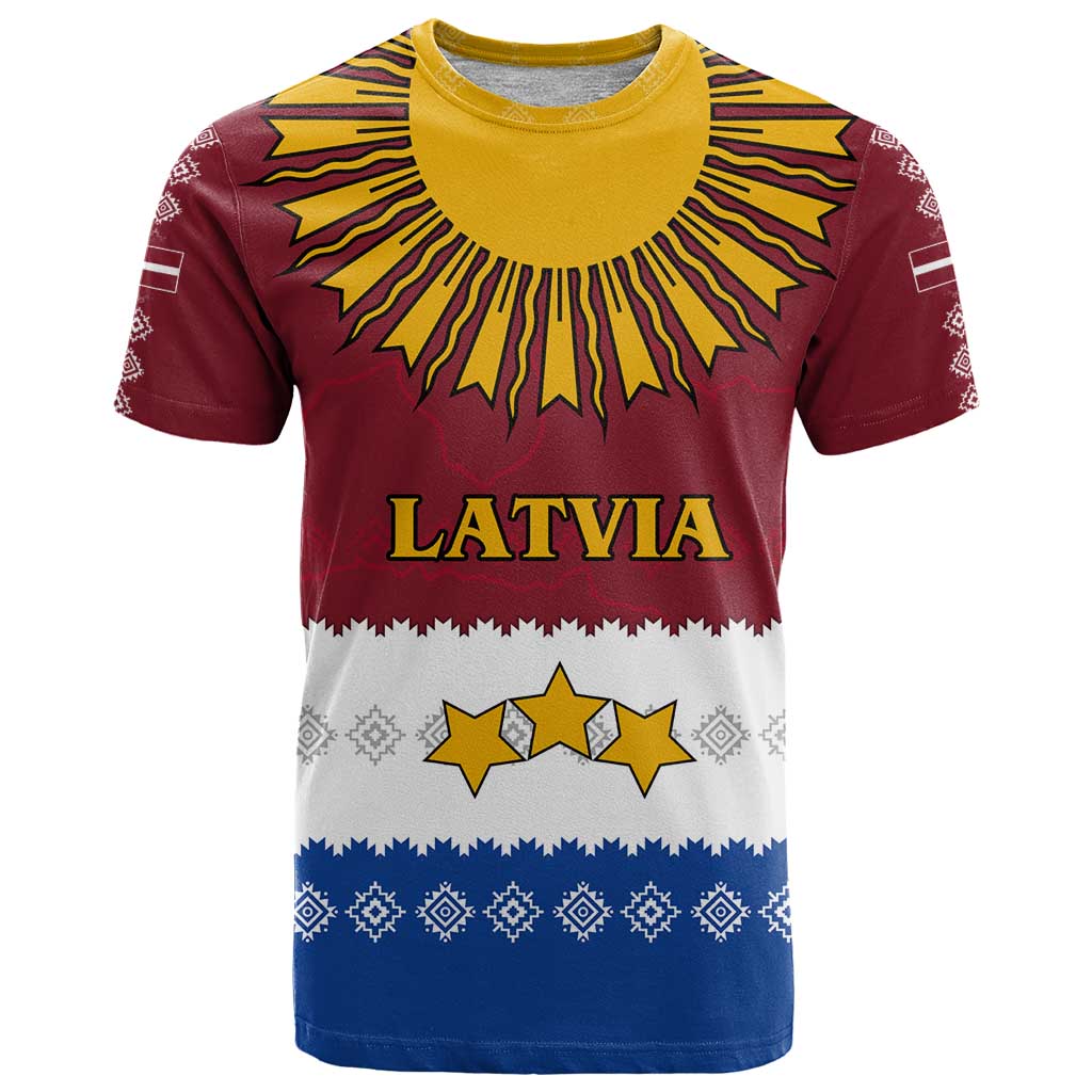 Latvia T Shirt with Three Stars Design and Traditional Pattern Details
