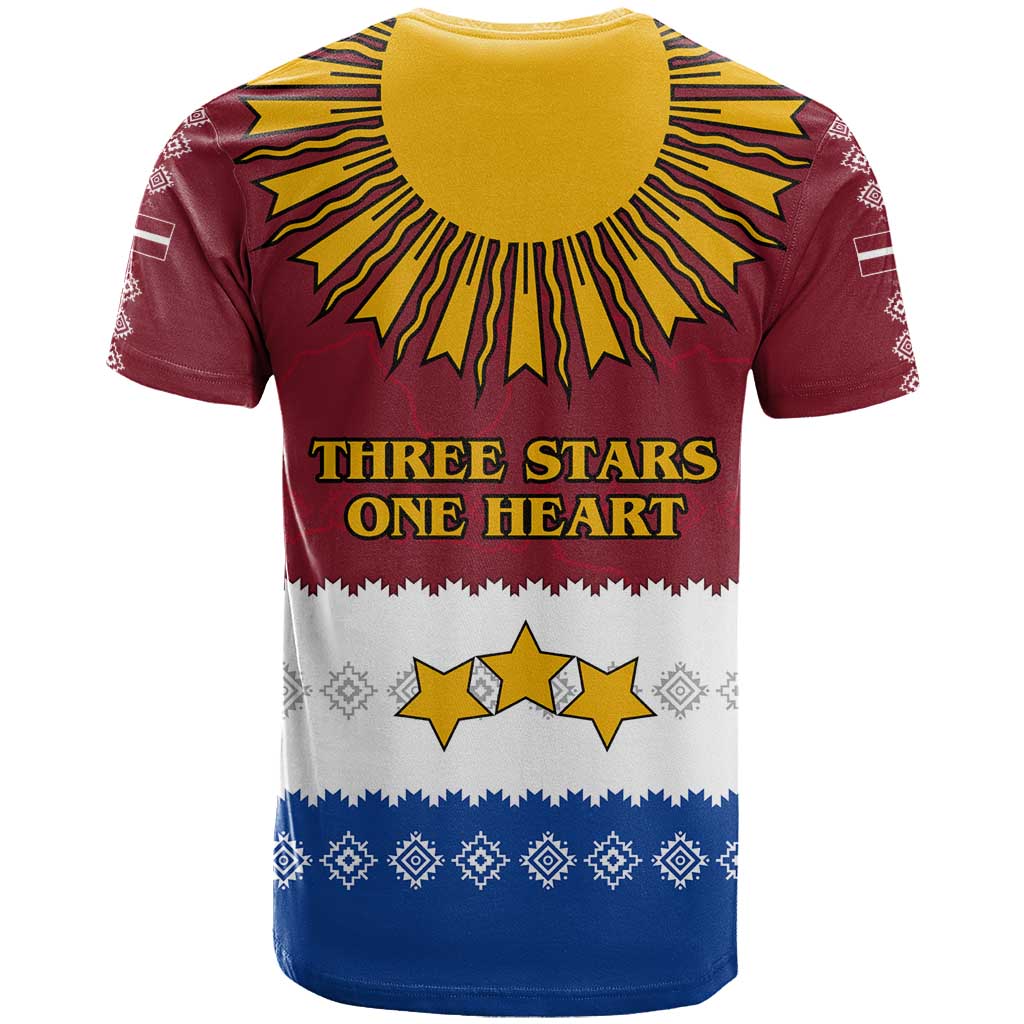 Latvia T Shirt with Three Stars Design and Traditional Pattern Details