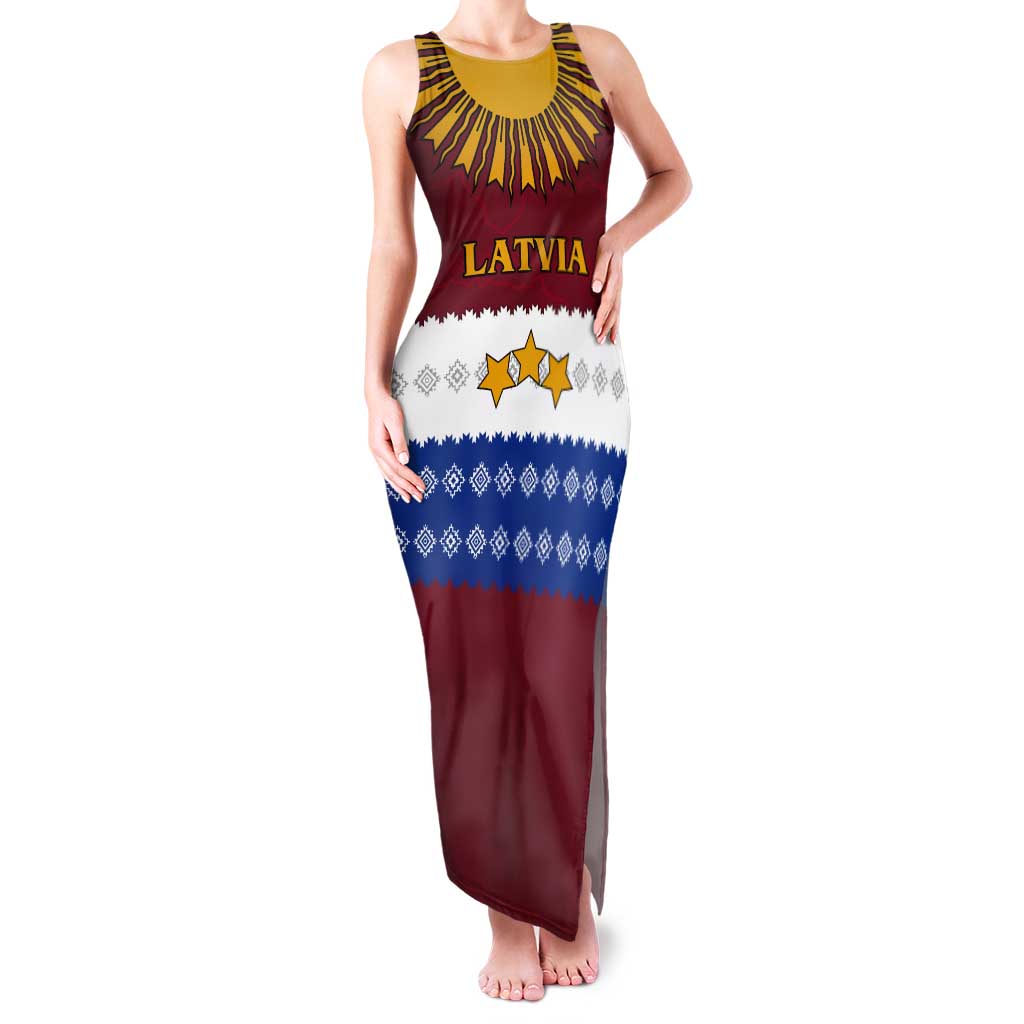 Latvia Tank Maxi Dress with Three Stars Design and Traditional Pattern Details