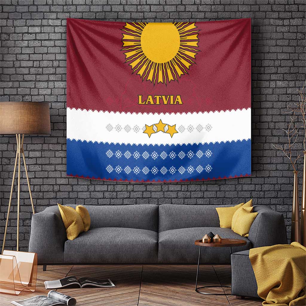 Latvia Tapestry with Three Stars Design and Traditional Pattern Details