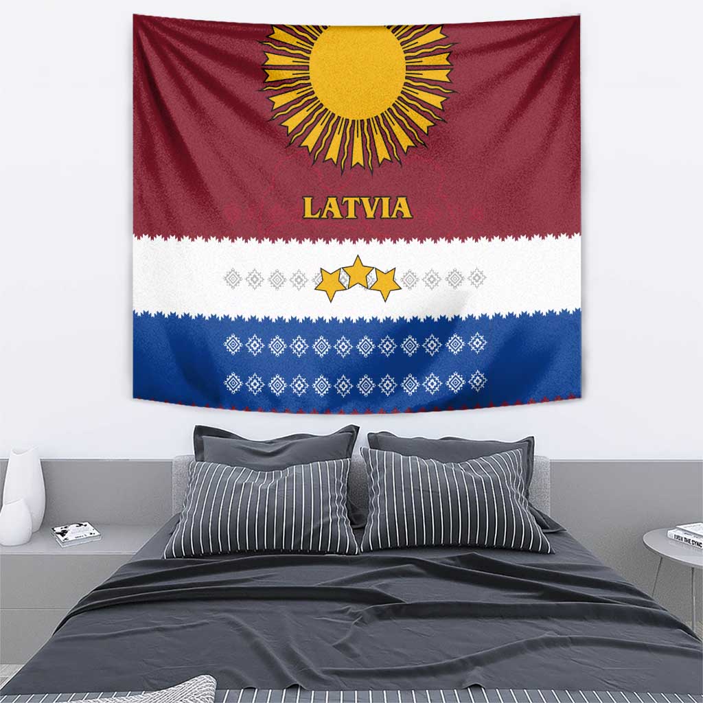 Latvia Tapestry with Three Stars Design and Traditional Pattern Details
