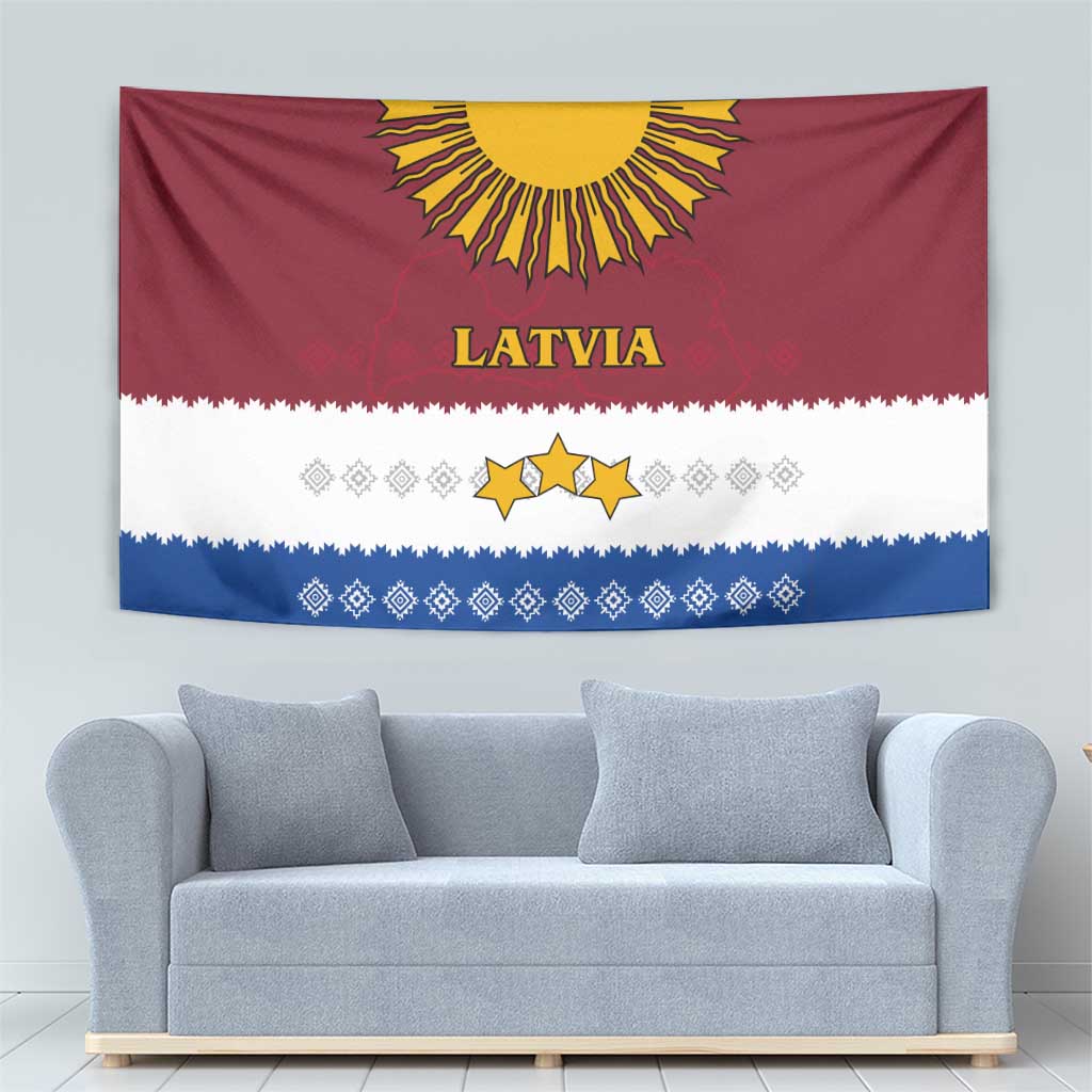 Latvia Tapestry with Three Stars Design and Traditional Pattern Details