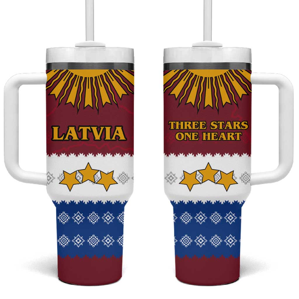 Latvia Tumbler With Handle with Three Stars Design and Traditional Pattern Details