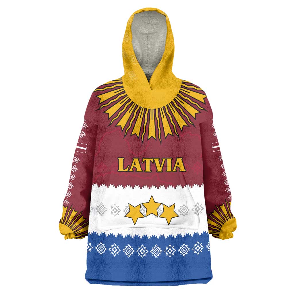 Latvia Wearable Blanket Hoodie with Three Stars Design and Traditional Pattern Details