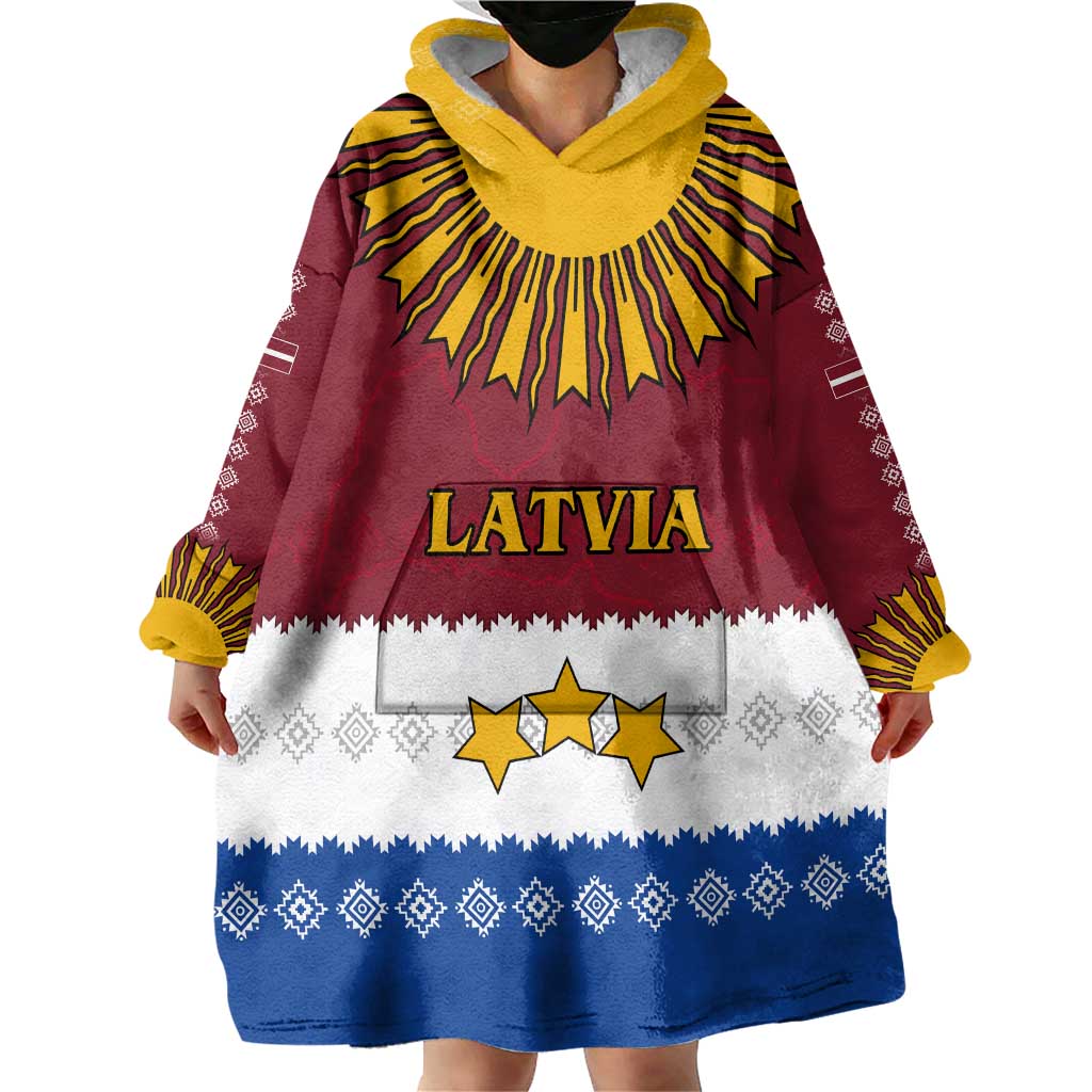 Latvia Wearable Blanket Hoodie with Three Stars Design and Traditional Pattern Details