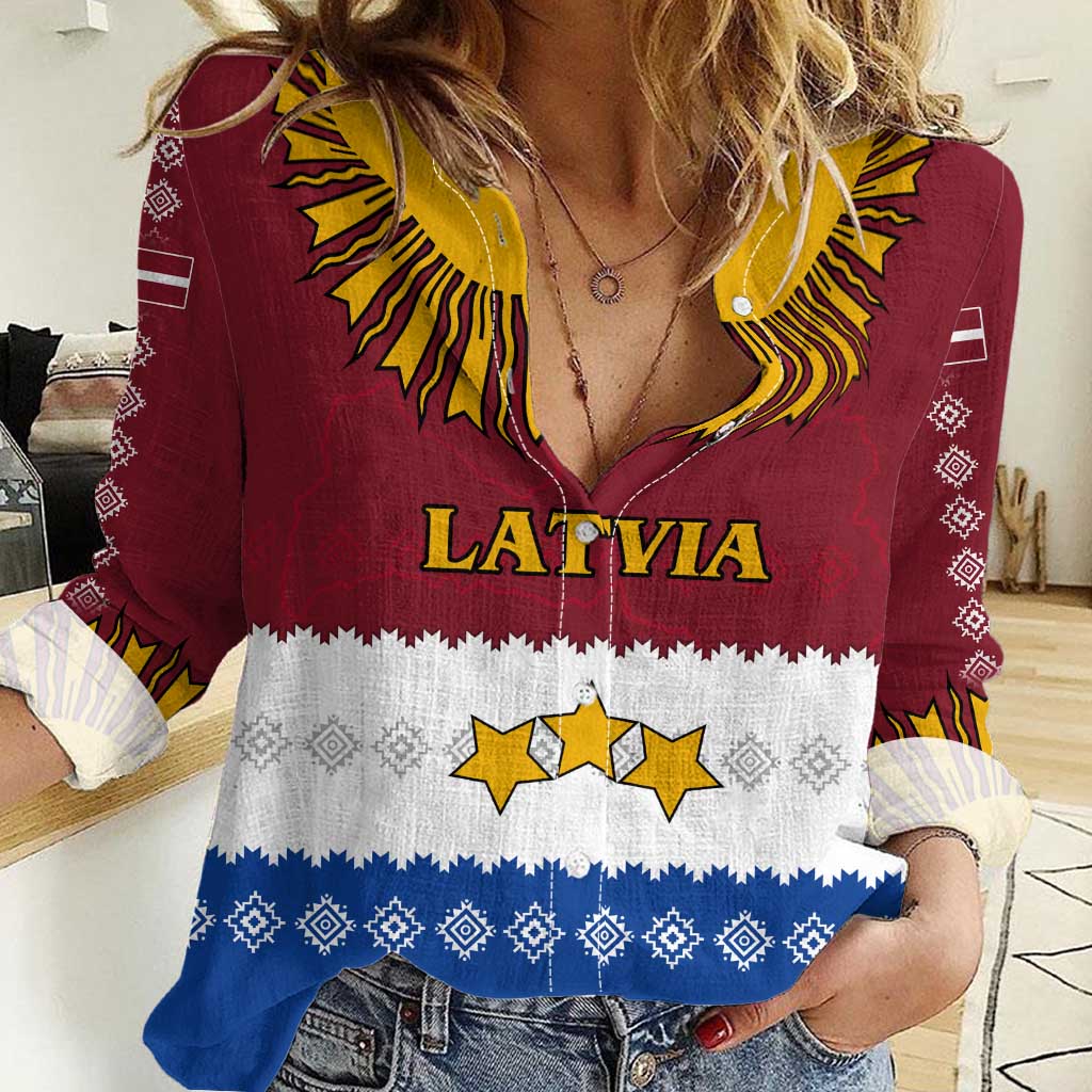 Latvia Women Casual Shirt with Three Stars Design and Traditional Pattern Details
