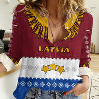 Latvia Women Casual Shirt with Three Stars Design and Traditional Pattern Details