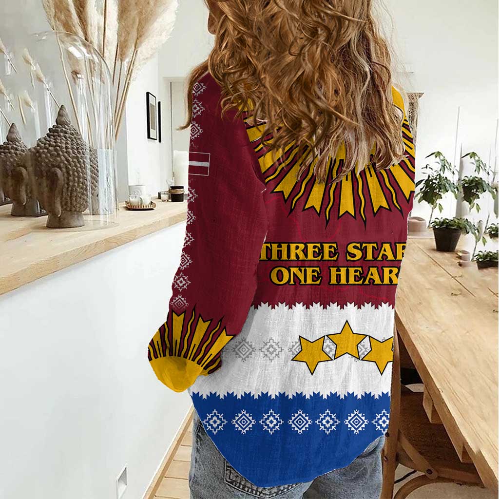 Latvia Women Casual Shirt with Three Stars Design and Traditional Pattern Details