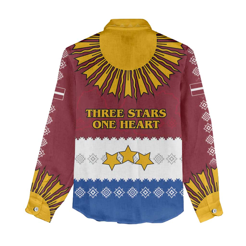 Latvia Women Casual Shirt with Three Stars Design and Traditional Pattern Details