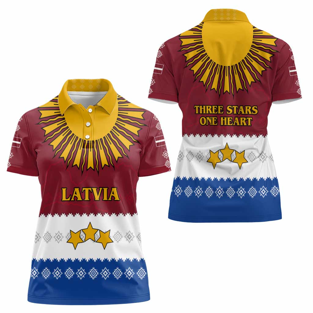 Latvia Women Polo Shirt with Three Stars Design and Traditional Pattern Details