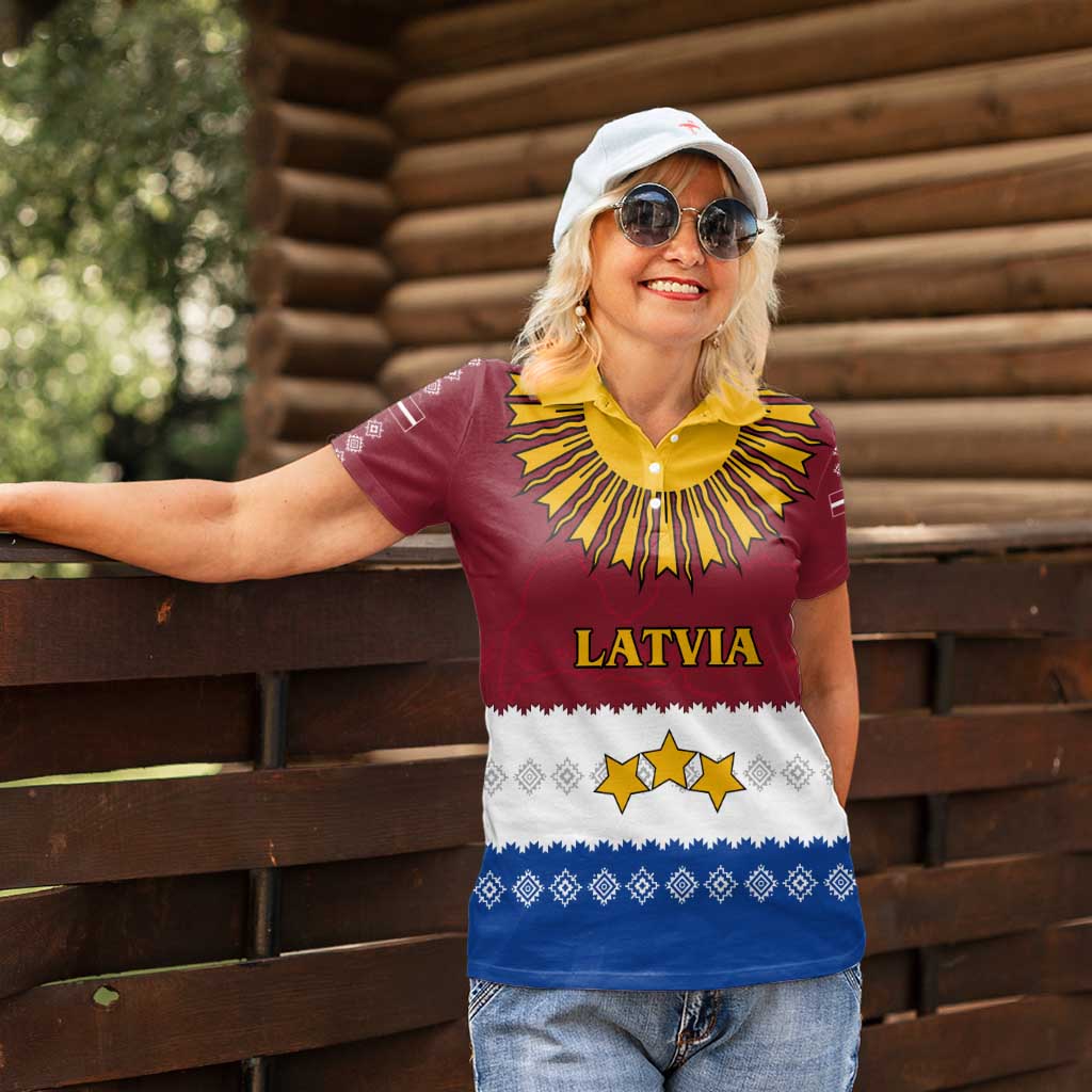 Latvia Women Polo Shirt with Three Stars Design and Traditional Pattern Details