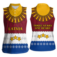 Latvia Women Sleeveless Polo Shirt with Three Stars Design and Traditional Pattern Details