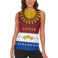 Latvia Women Sleeveless Polo Shirt with Three Stars Design and Traditional Pattern Details