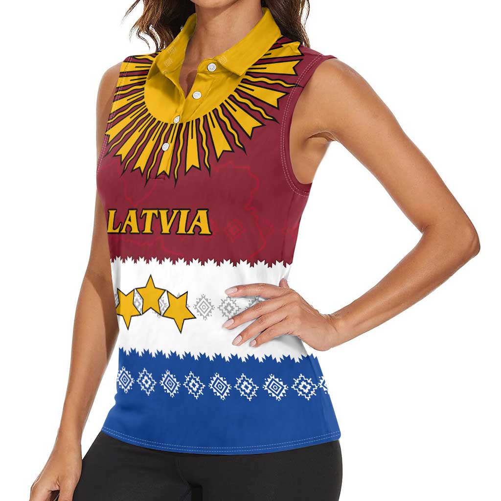 Latvia Women Sleeveless Polo Shirt with Three Stars Design and Traditional Pattern Details