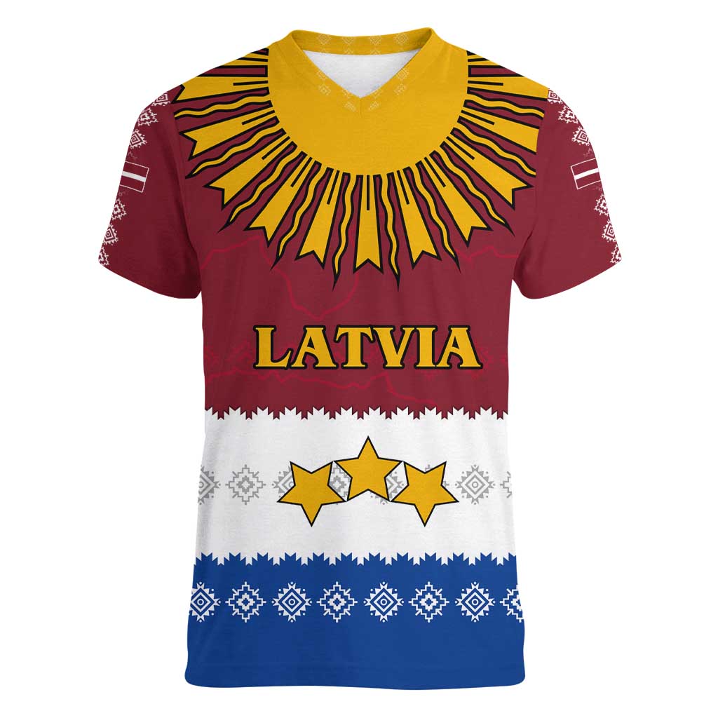 Latvia Women V-Neck T-Shirt with Three Stars Design and Traditional Pattern Details