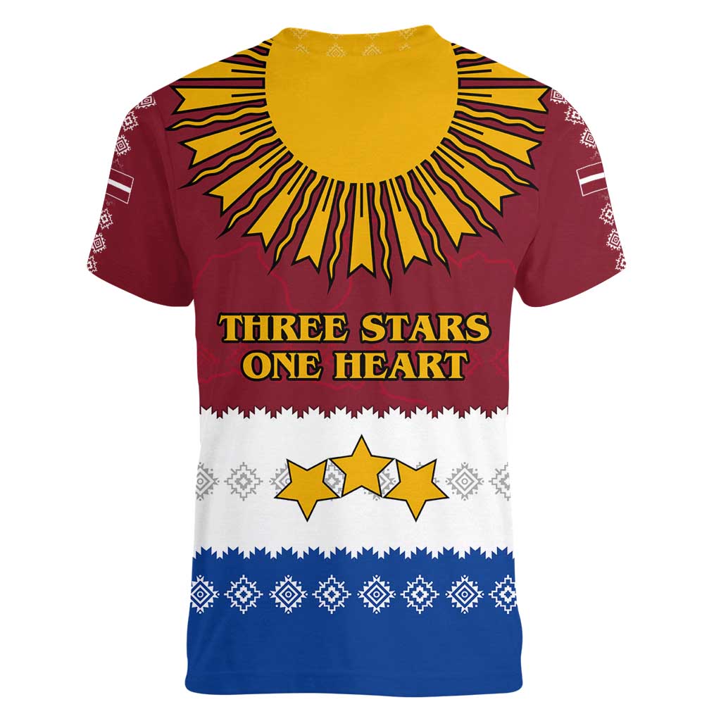 Latvia Women V-Neck T-Shirt with Three Stars Design and Traditional Pattern Details