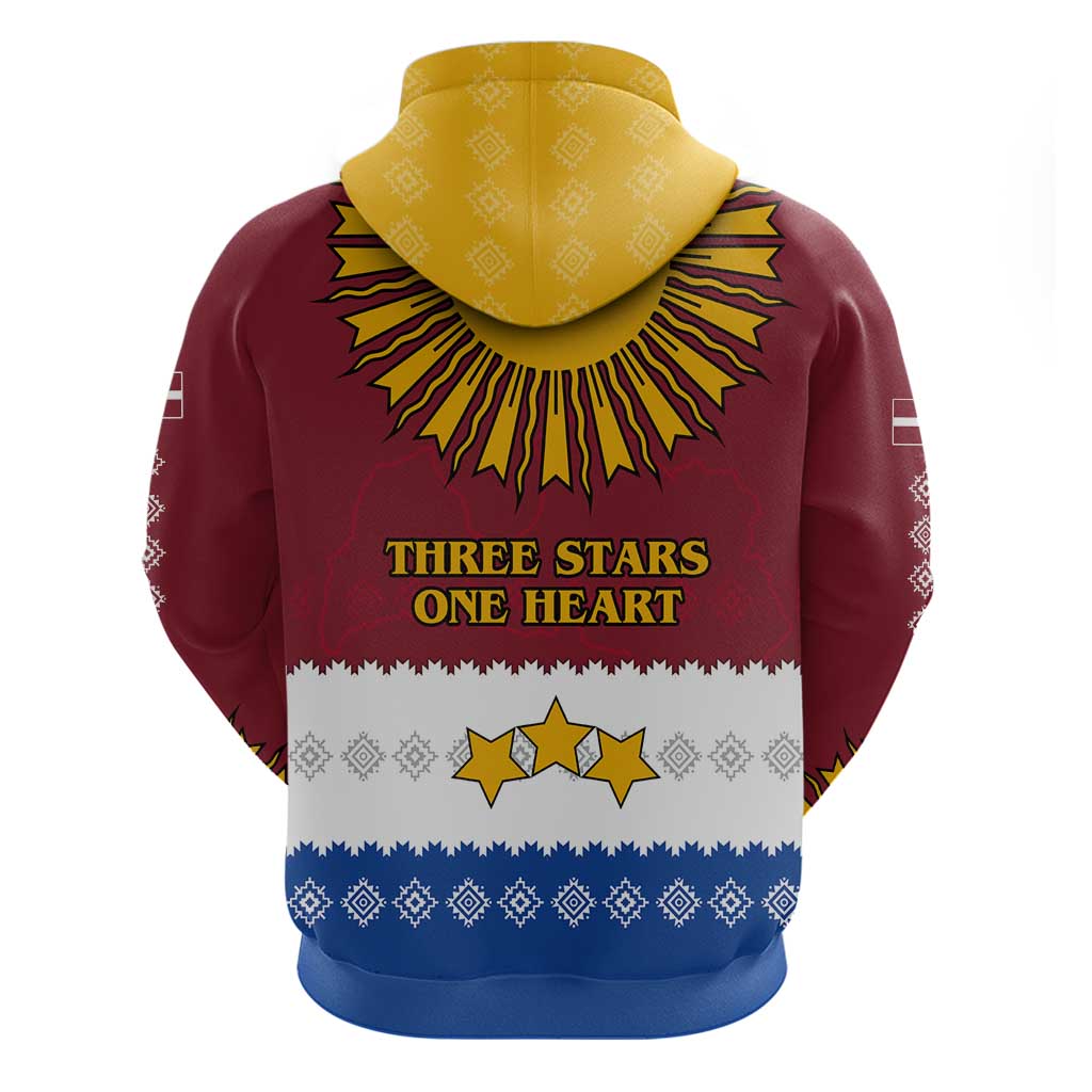 Latvia Zip Hoodie with Three Stars Design and Traditional Pattern Details