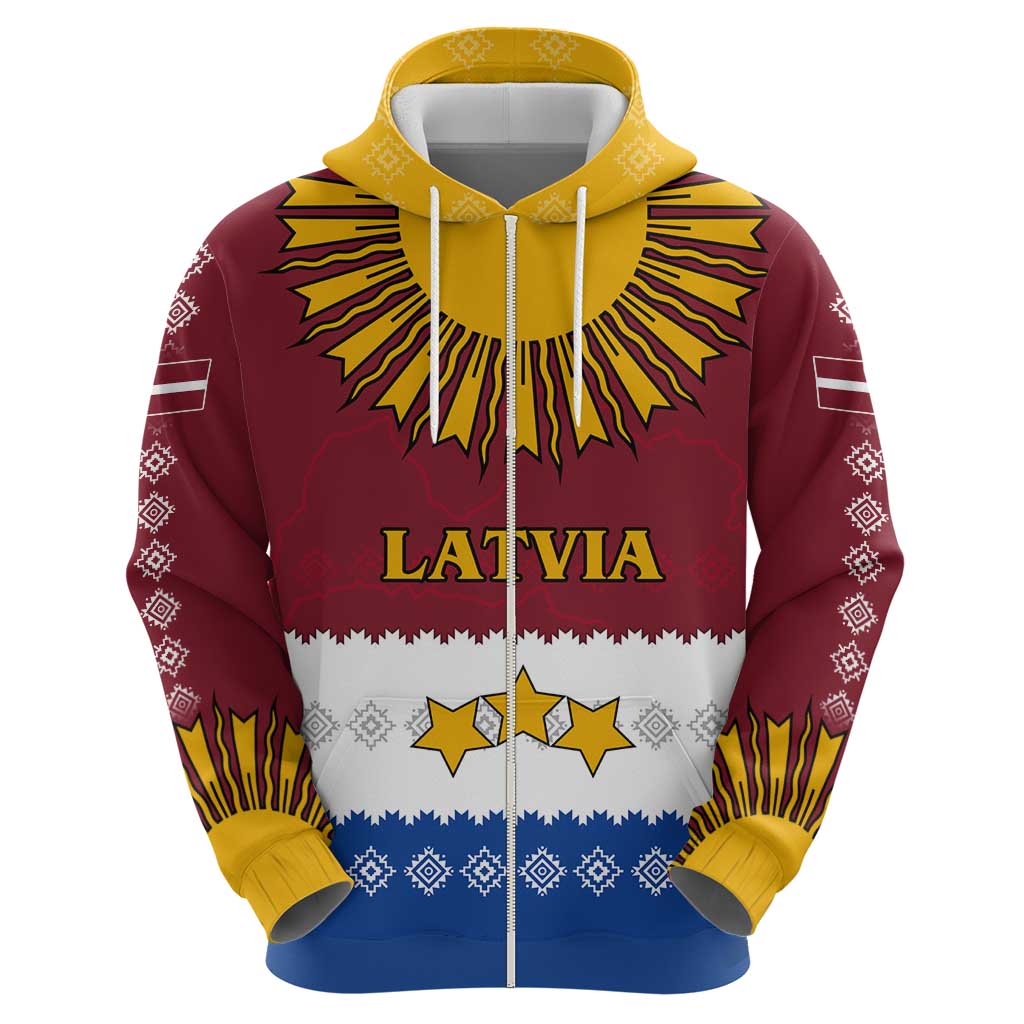 Latvia Zip Hoodie with Three Stars Design and Traditional Pattern Details