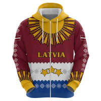 Latvia Zip Hoodie with Three Stars Design and Traditional Pattern Details