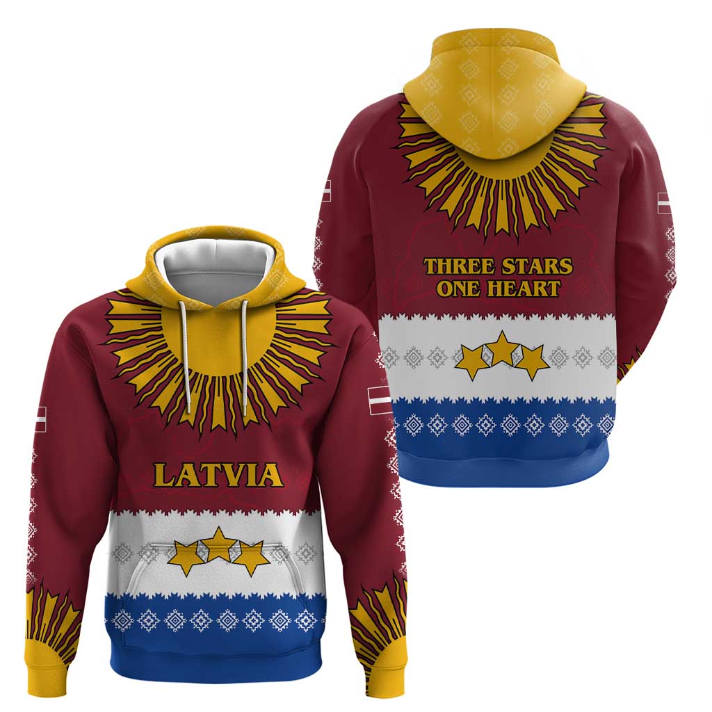 Latvia Zip Hoodie with Three Stars Design and Traditional Pattern Details
