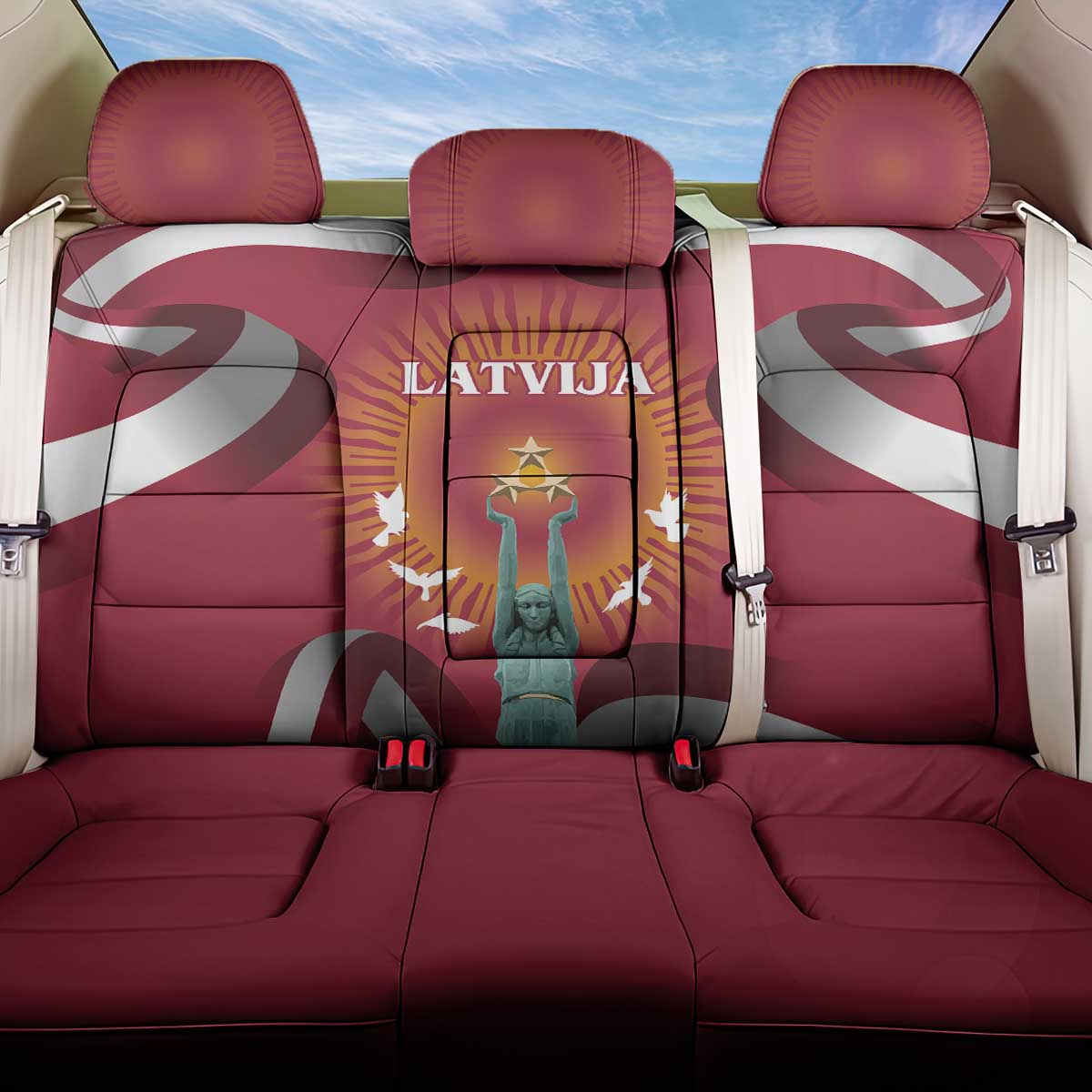 Latvia Back Car Seat Cover with Freedom Monument and Doves Graphic – 18 November 1918 Design