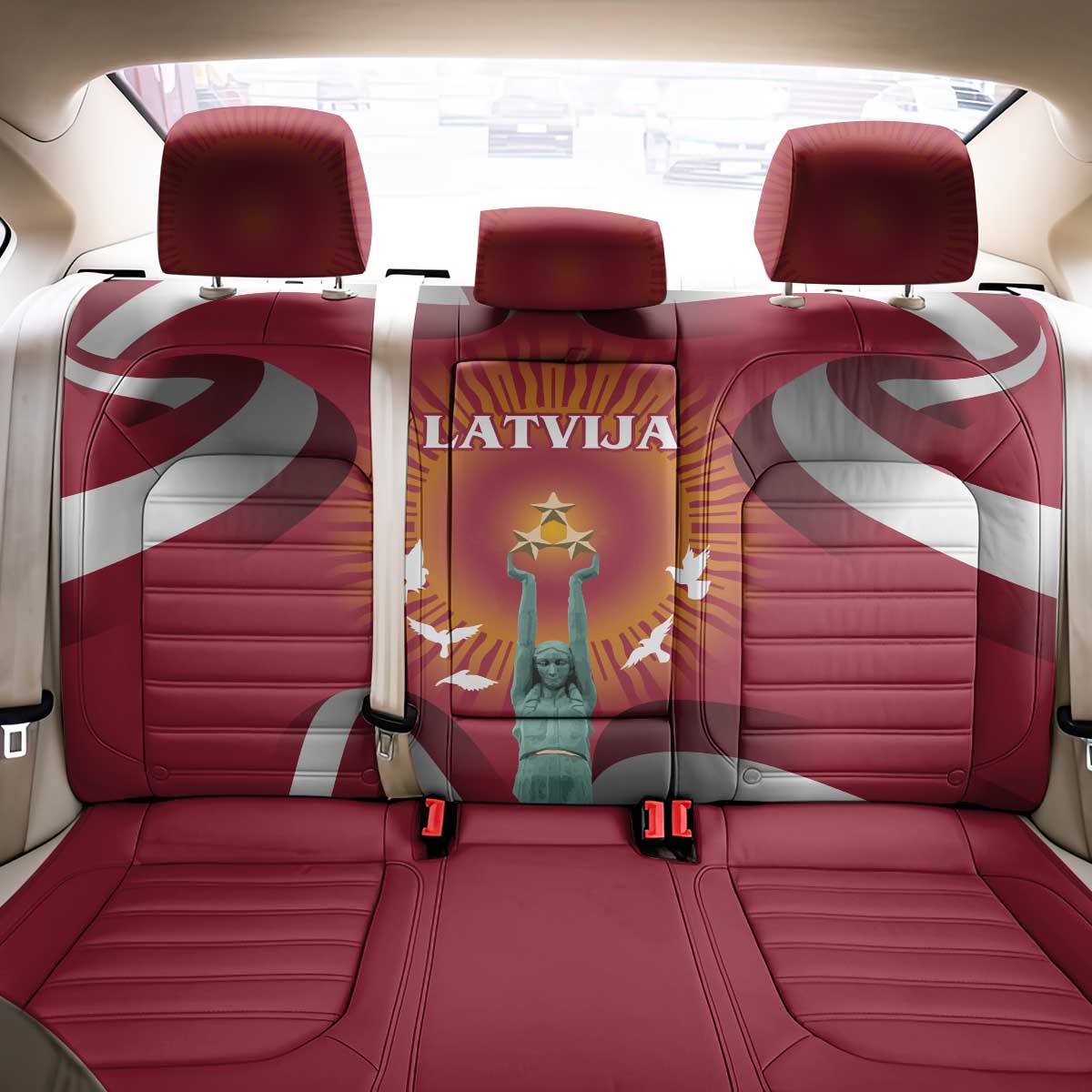 Latvia Back Car Seat Cover with Freedom Monument and Doves Graphic – 18 November 1918 Design
