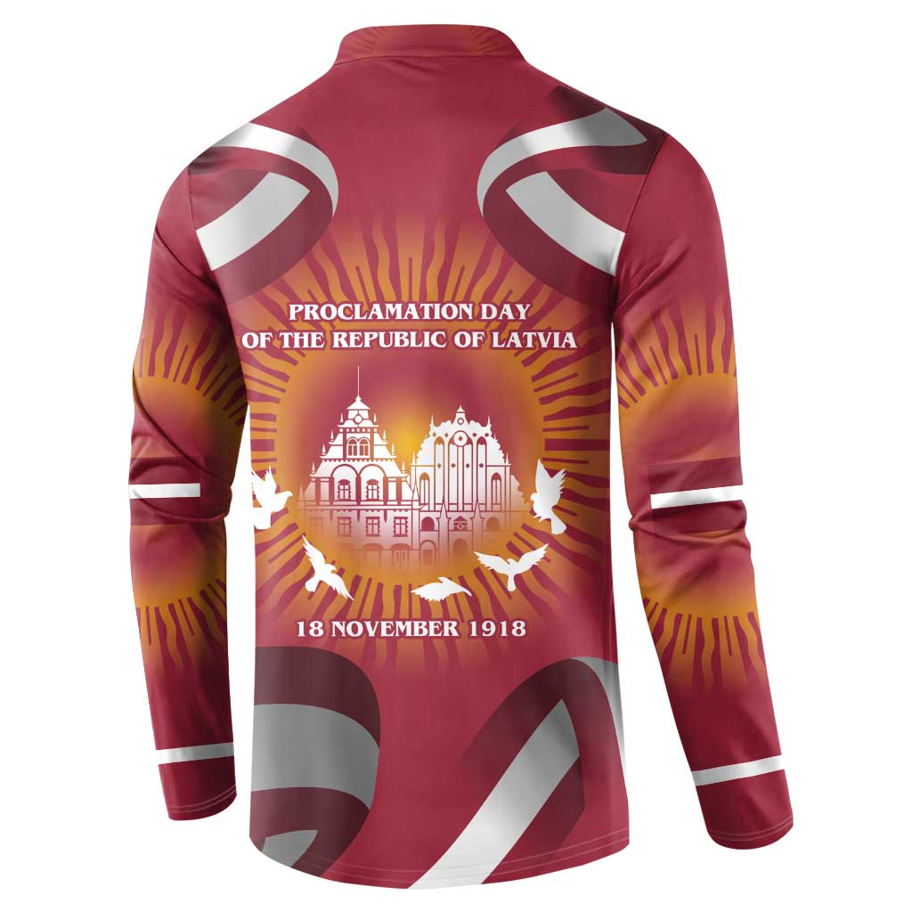 Latvia Button Sweatshirt with Freedom Monument and Doves Graphic – 18 November 1918 Design