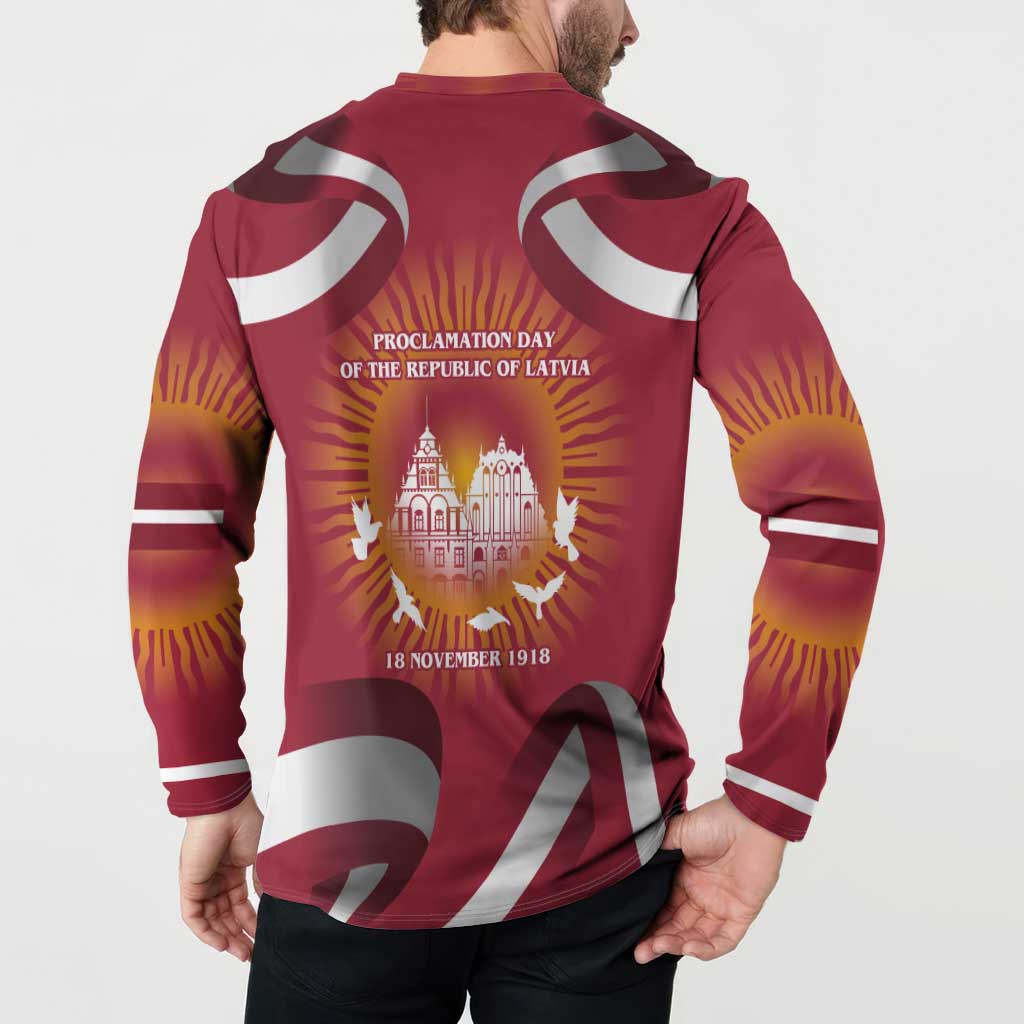 Latvia Button Sweatshirt with Freedom Monument and Doves Graphic – 18 November 1918 Design