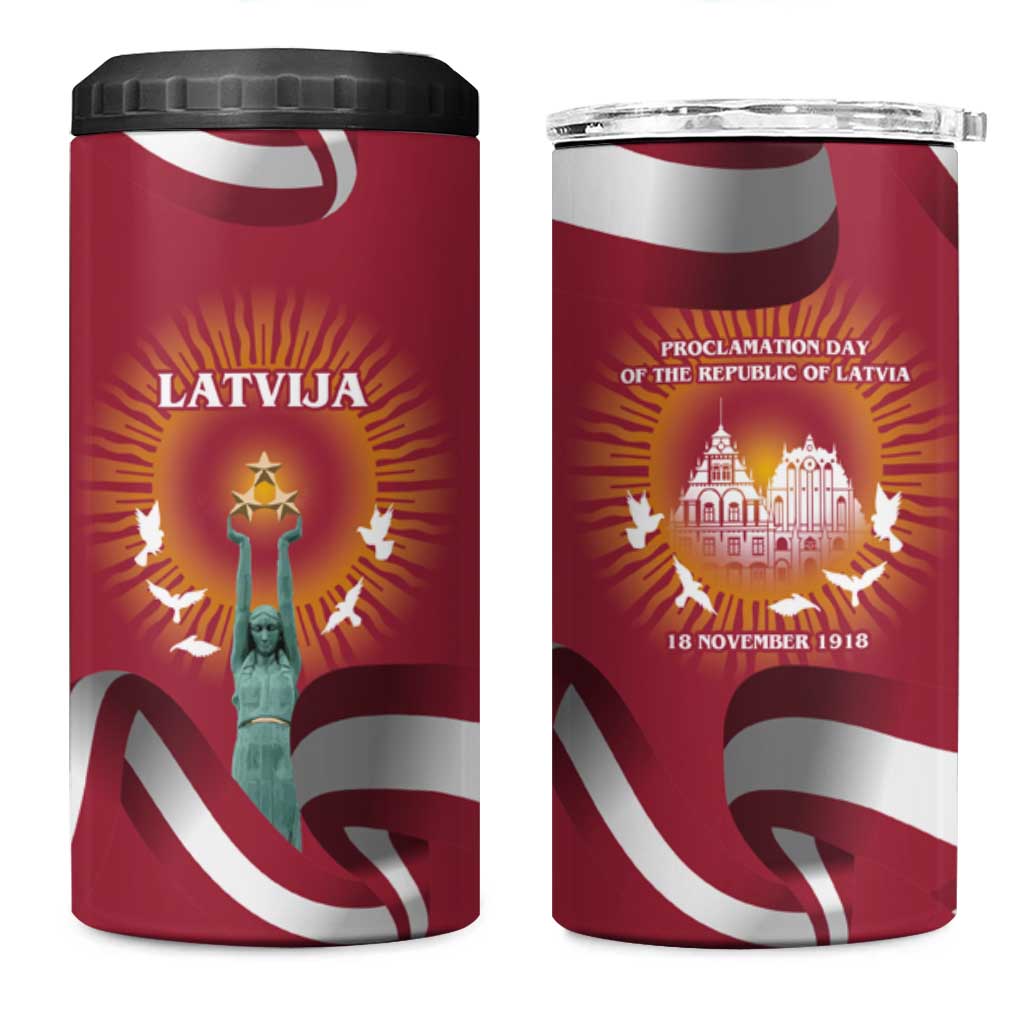 Latvia 4 in 1 Can Cooler Tumbler with Freedom Monument and Doves Graphic – 18 November 1918 Design