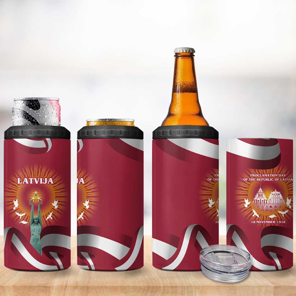 Latvia 4 in 1 Can Cooler Tumbler with Freedom Monument and Doves Graphic – 18 November 1918 Design