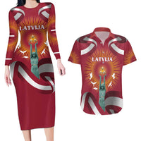 Latvia Couples Matching Long Sleeve Bodycon Dress and Hawaiian Shirt with Freedom Monument and Doves Graphic – 18 November 1918 Design