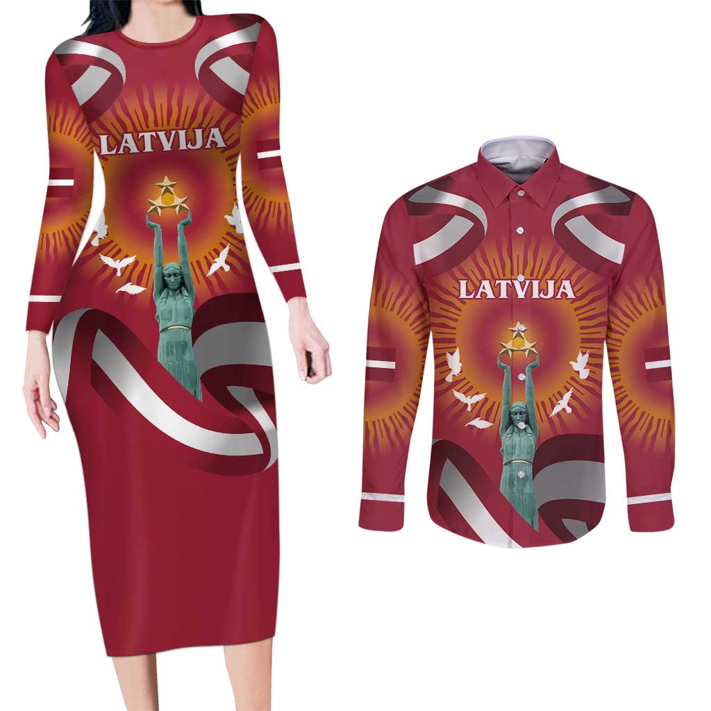 Latvia Couples Matching Long Sleeve Bodycon Dress and Long Sleeve Button Shirt with Freedom Monument and Doves Graphic – 18 November 1918 Design