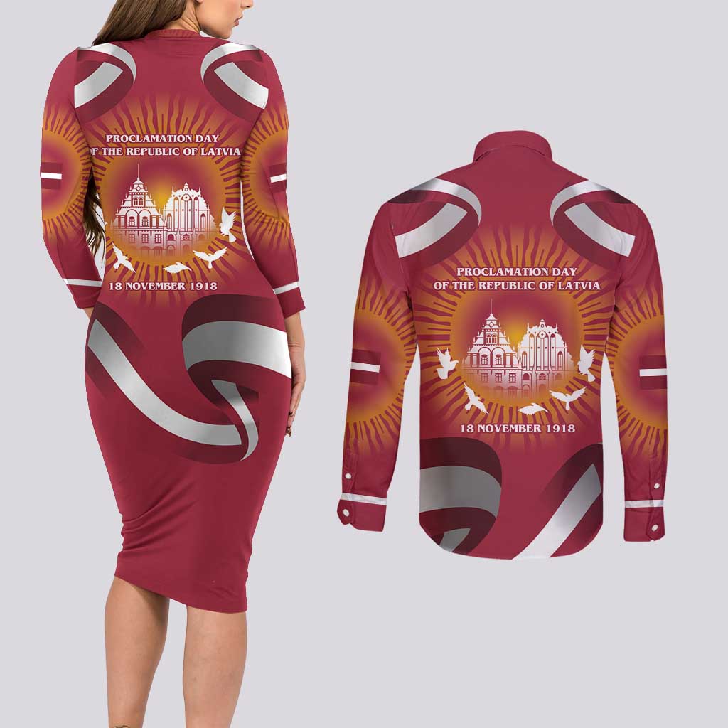 Latvia Couples Matching Long Sleeve Bodycon Dress and Long Sleeve Button Shirt with Freedom Monument and Doves Graphic – 18 November 1918 Design