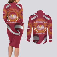 Latvia Couples Matching Long Sleeve Bodycon Dress and Long Sleeve Button Shirt with Freedom Monument and Doves Graphic – 18 November 1918 Design