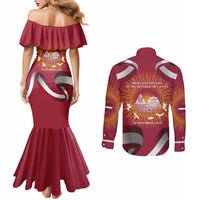 Latvia Couples Matching Mermaid Dress and Long Sleeve Button Shirt with Freedom Monument and Doves Graphic – 18 November 1918 Design