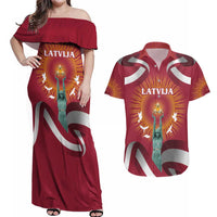 Latvia Couples Matching Off Shoulder Maxi Dress and Hawaiian Shirt with Freedom Monument and Doves Graphic – 18 November 1918 Design