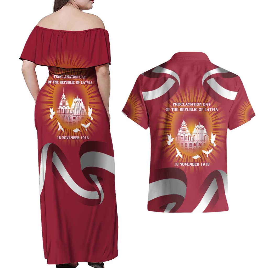 Latvia Couples Matching Off Shoulder Maxi Dress and Hawaiian Shirt with Freedom Monument and Doves Graphic – 18 November 1918 Design