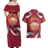 Latvia Couples Matching Off Shoulder Maxi Dress and Hawaiian Shirt with Freedom Monument and Doves Graphic – 18 November 1918 Design