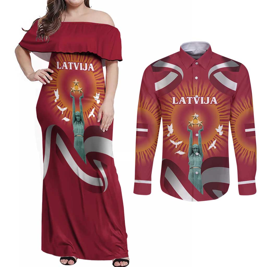 Latvia Couples Matching Off Shoulder Maxi Dress and Long Sleeve Button Shirt with Freedom Monument and Doves Graphic – 18 November 1918 Design