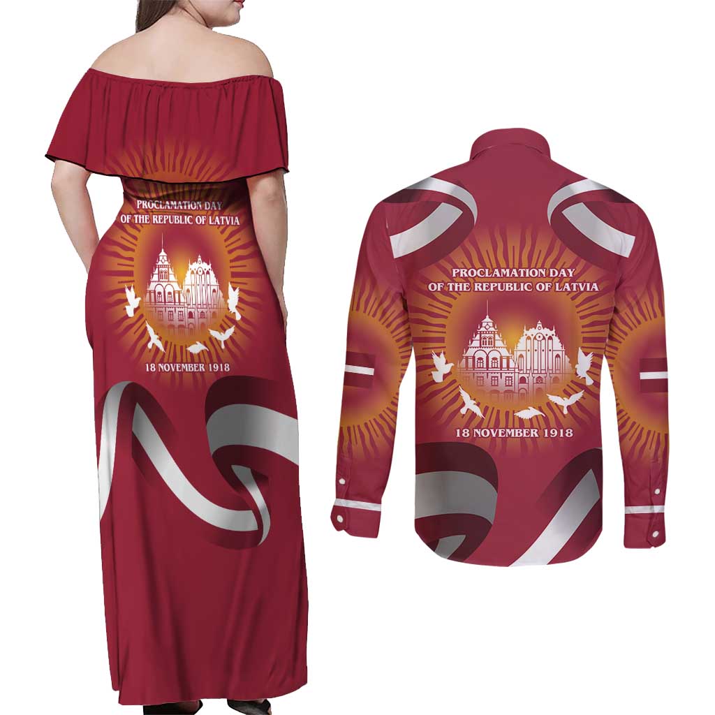 Latvia Couples Matching Off Shoulder Maxi Dress and Long Sleeve Button Shirt with Freedom Monument and Doves Graphic – 18 November 1918 Design