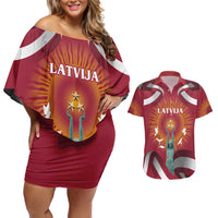 Latvia Couples Matching Off Shoulder Short Dress and Hawaiian Shirt with Freedom Monument and Doves Graphic – 18 November 1918 Design