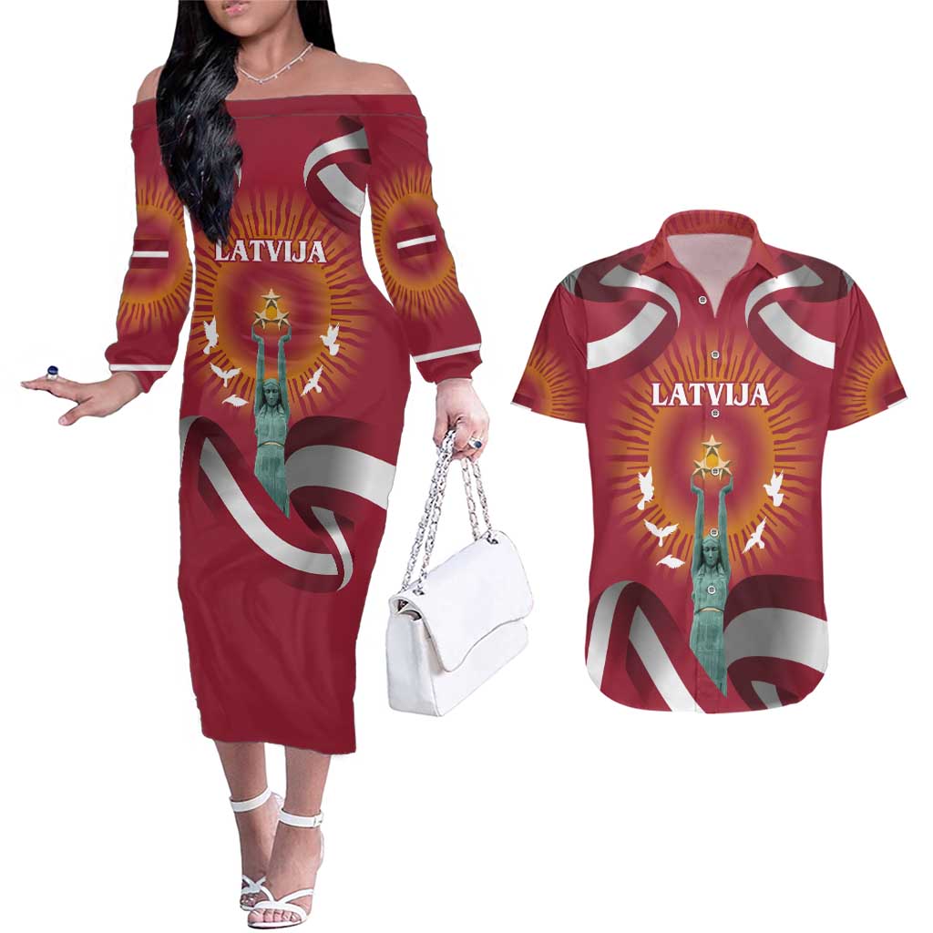 Latvia Couples Matching Off The Shoulder Long Sleeve Dress and Hawaiian Shirt with Freedom Monument and Doves Graphic – 18 November 1918 Design