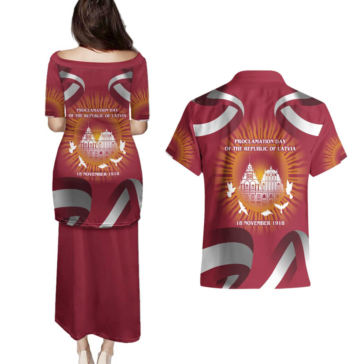 Latvia Couples Matching Puletasi and Hawaiian Shirt with Freedom Monument and Doves Graphic – 18 November 1918 Design